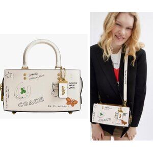 NEW!! Coach Rogue 25 Tote Bag With Dinosaur & Lucky Drawings In Chalk White Leat